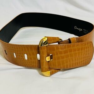 Omega Tan Croc-Embossed Leather Belt with Gold Buckle
